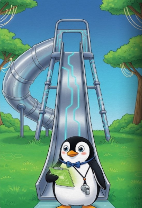 Mr. Pengi standing at the bottom of the Super-Duper Slide holding his clipboard