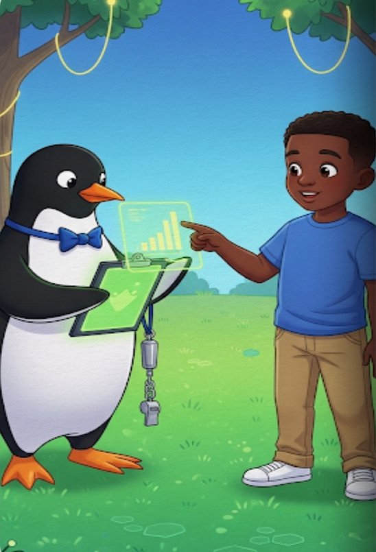 Mr. Pengi showing a bar chart on his clipboard to a curious boy