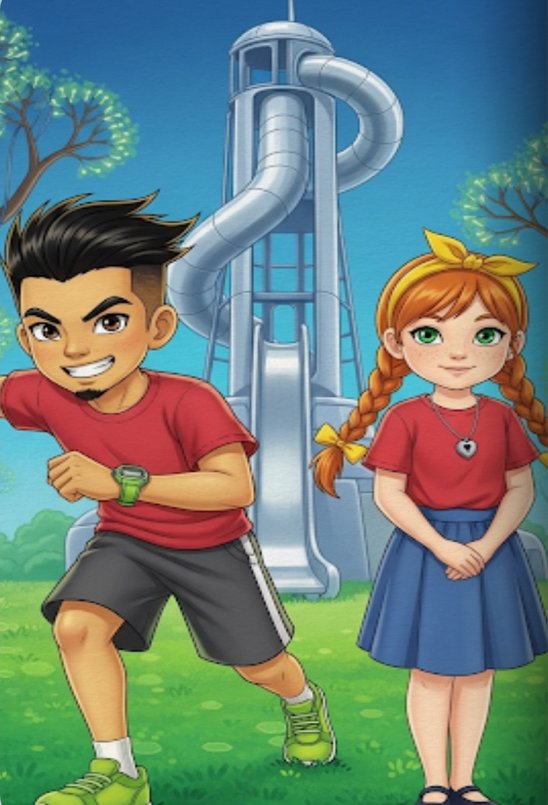 A confident boy in red and a girl with braids posing in front of the tall slide