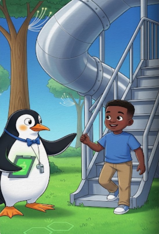 Mr. Pengi greeting the boy as he steps up to the slide staircase
