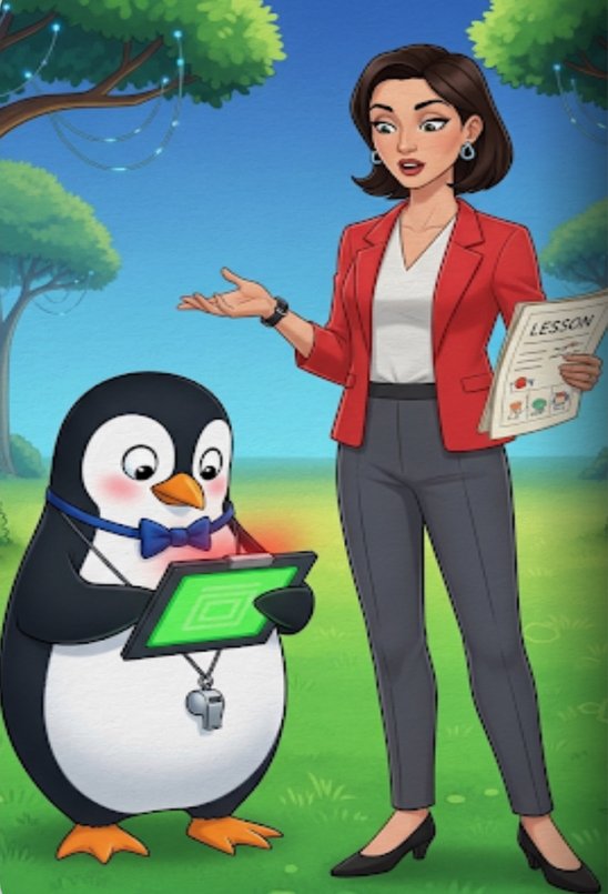 A teacher in a red blazer explaining a lesson while Mr. Pengi listens