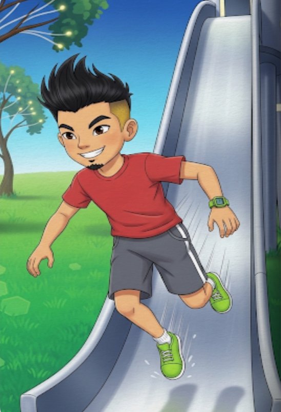 The boy in red zooming down the slide with a big grin