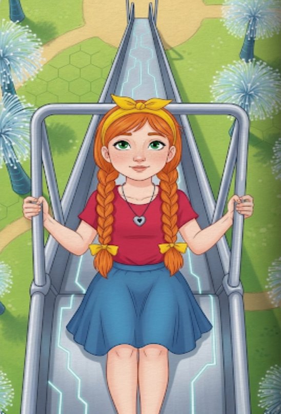 The girl with braids sitting at the top of the slide ready to go down