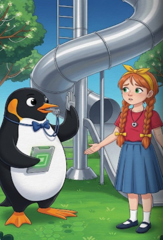 Mr. Pengi blowing his whistle while the girl looks at him by the slide