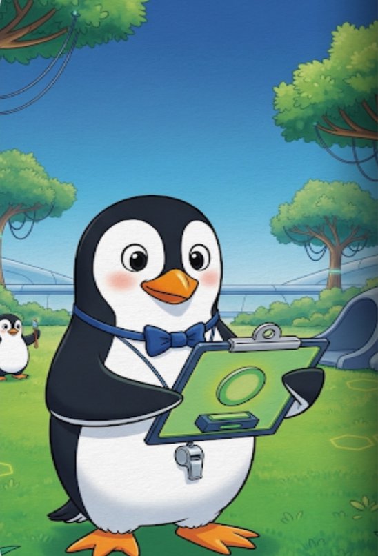 Mr. Pengi holding his clipboard in the park with a smaller penguin peeking from behind